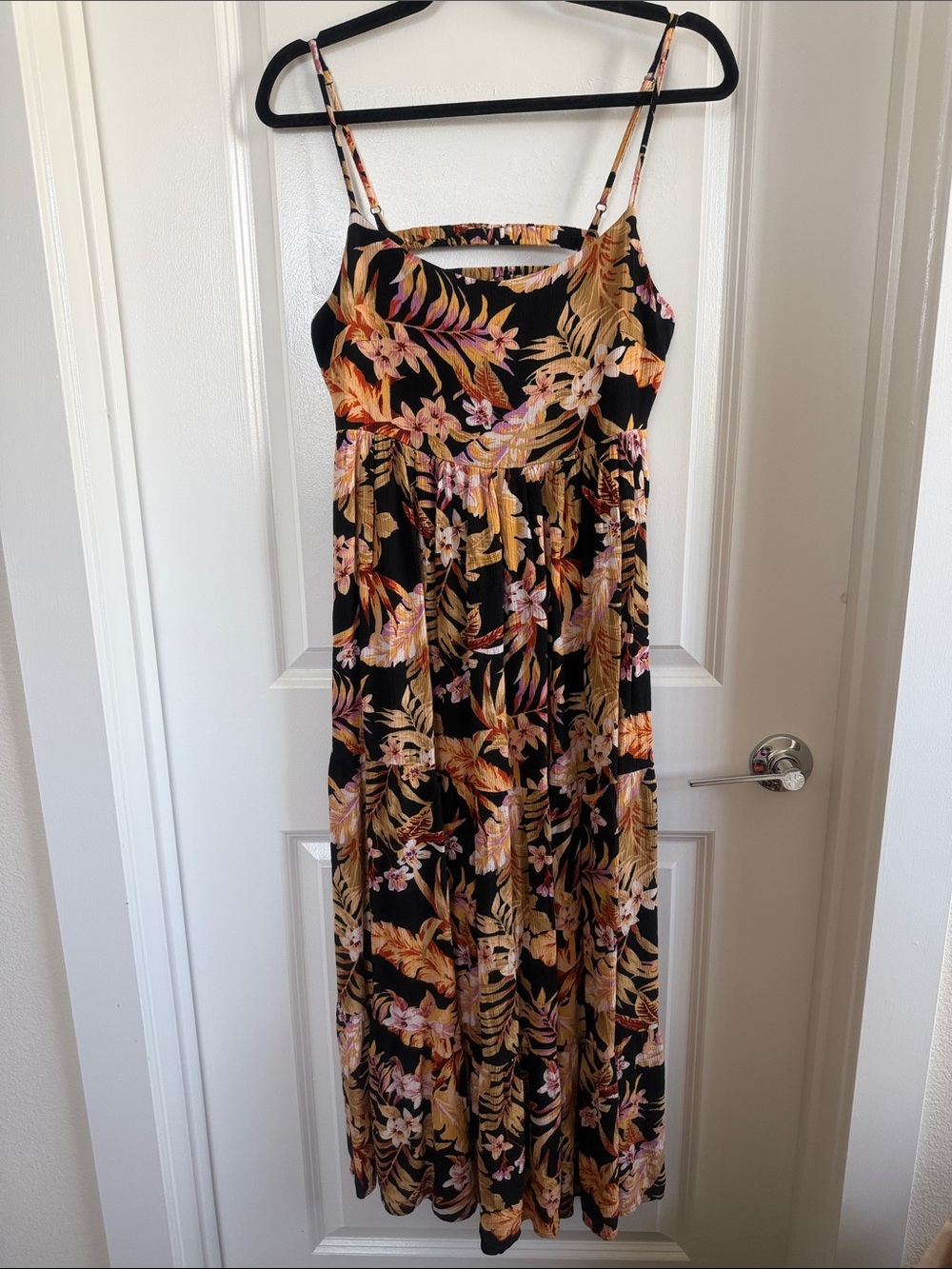 Rip Curl Black Maxi Dress with Purple Gold Tropical Print Floral Beach Vacation